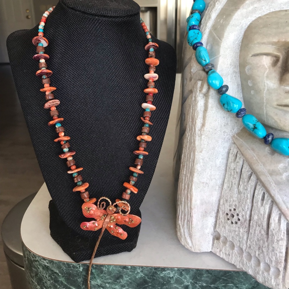 Spiny oyster & turquoise dragonfly totem necklace